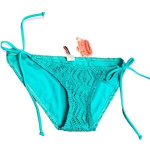 APOLLO SWIMWEAR Turquoise Mesh Knit Side Tie Swim Bottoms SMALL Beach Boho